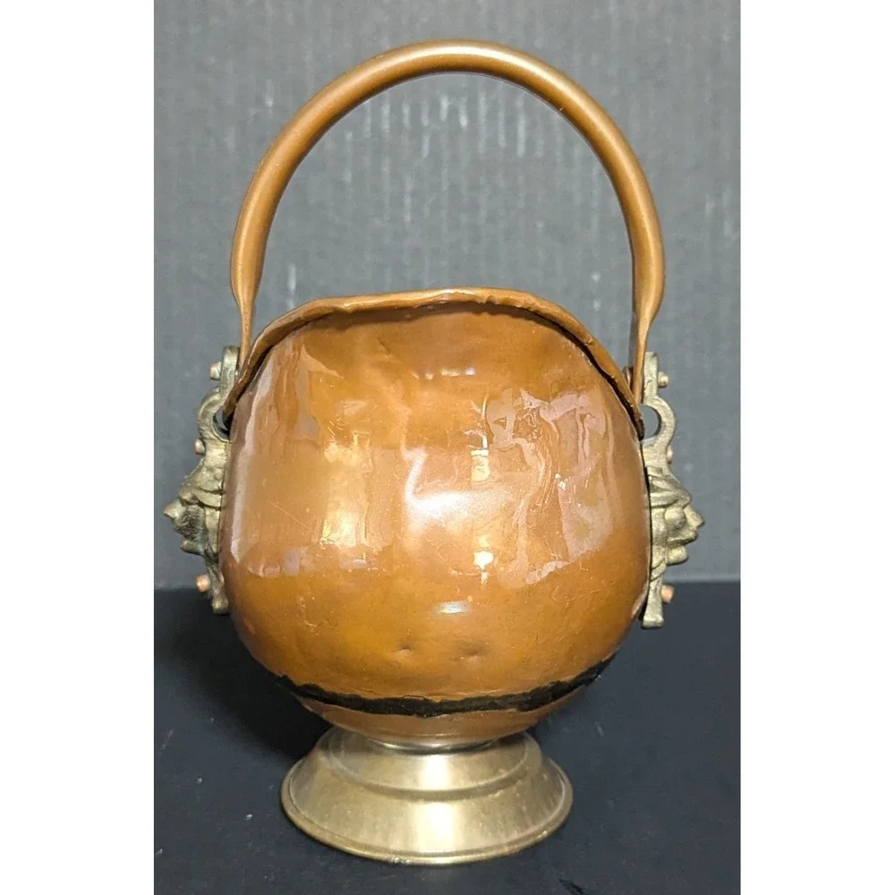 Vintage MCM Copper & Brass Coal Scuttle Lion Mounts Delft-Style Ceramic Handle
